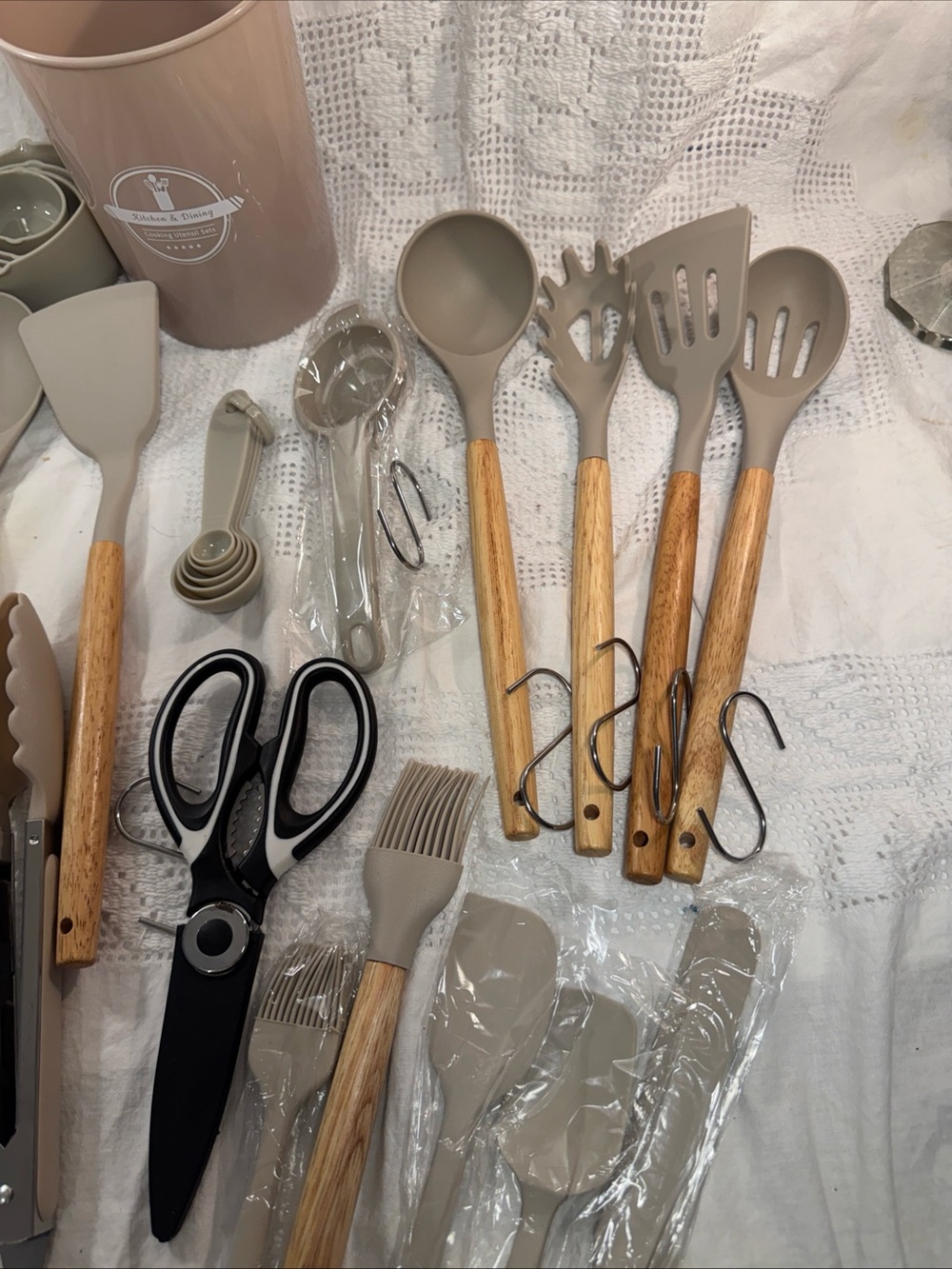 Neutral Beige Silicone & Wood Kitchen Utensil Set with Holder - 36 Piece - Picture 2 of 5